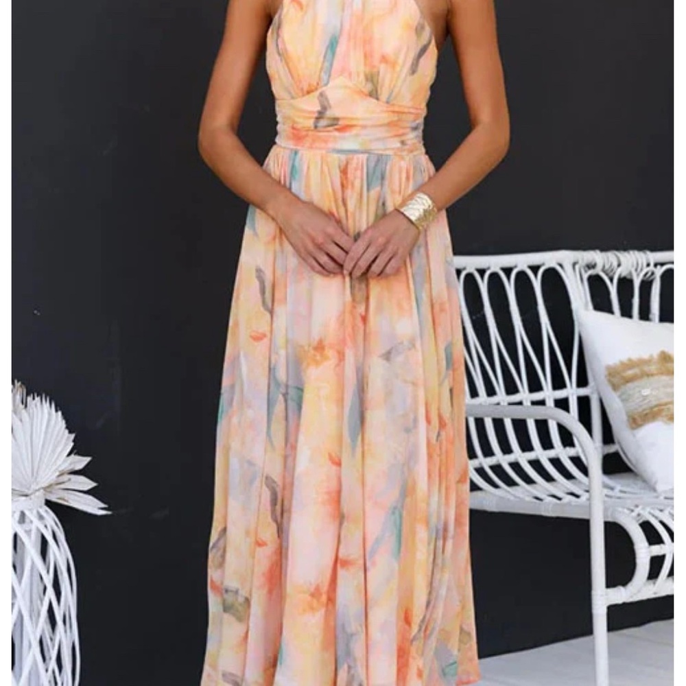 Peach Watercolor Halter Backless Boho Sundress for Wedding Guest
